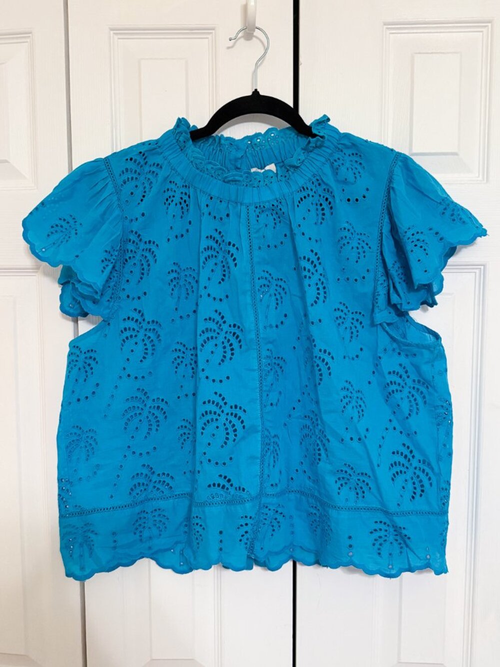Bright Blue Tropical Eyelet Top
